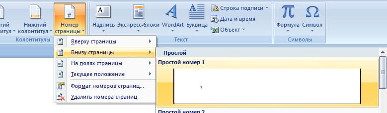 Нумерация страниц в Word 2007